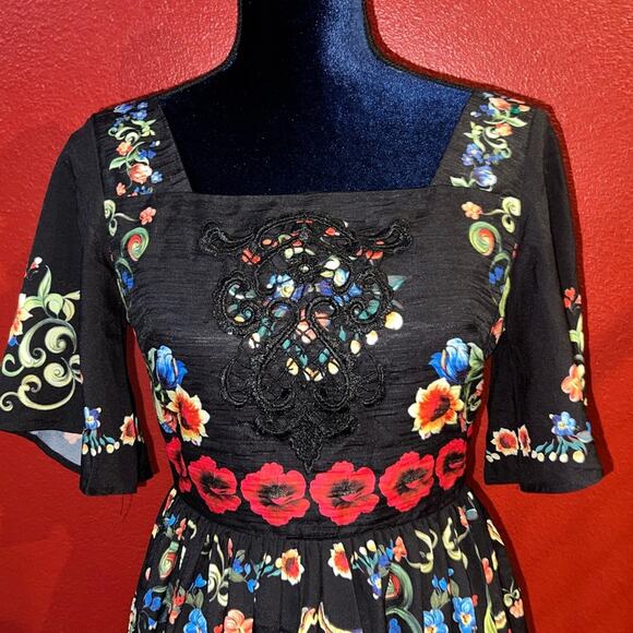 By Megan black floral embroidered dress womens M square neck midi 3/4 sleeve NWT - Picture 2 of 13